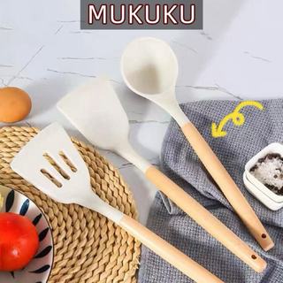MUKUKU ชุดเครื่องครัว 3ชิ้น ตะหลิว ซิลิโคน ทนความร้อน พิเศษสำหรับทำอาหาร ตะหลิวโปร่ง+ช้อน+ตะหลิว