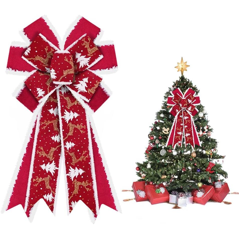 Hying ขนาดใหญ่สีแดงกํามะหยี่พวงหรีด Bows สําหรับ Xmas Decor-Glitter Christmas Tree ฤดูหนาวสีแดงโบว์ส