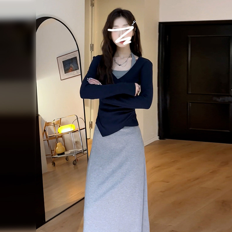 กระโปรงยาวสีเทาแบบไฮเอนด์ ออกแบบใหม่สำหรับฤดูใบไม้ผลิด้วยสร้อยคอแบบ Halterneck ในสไตล์เกาหลี DRP2