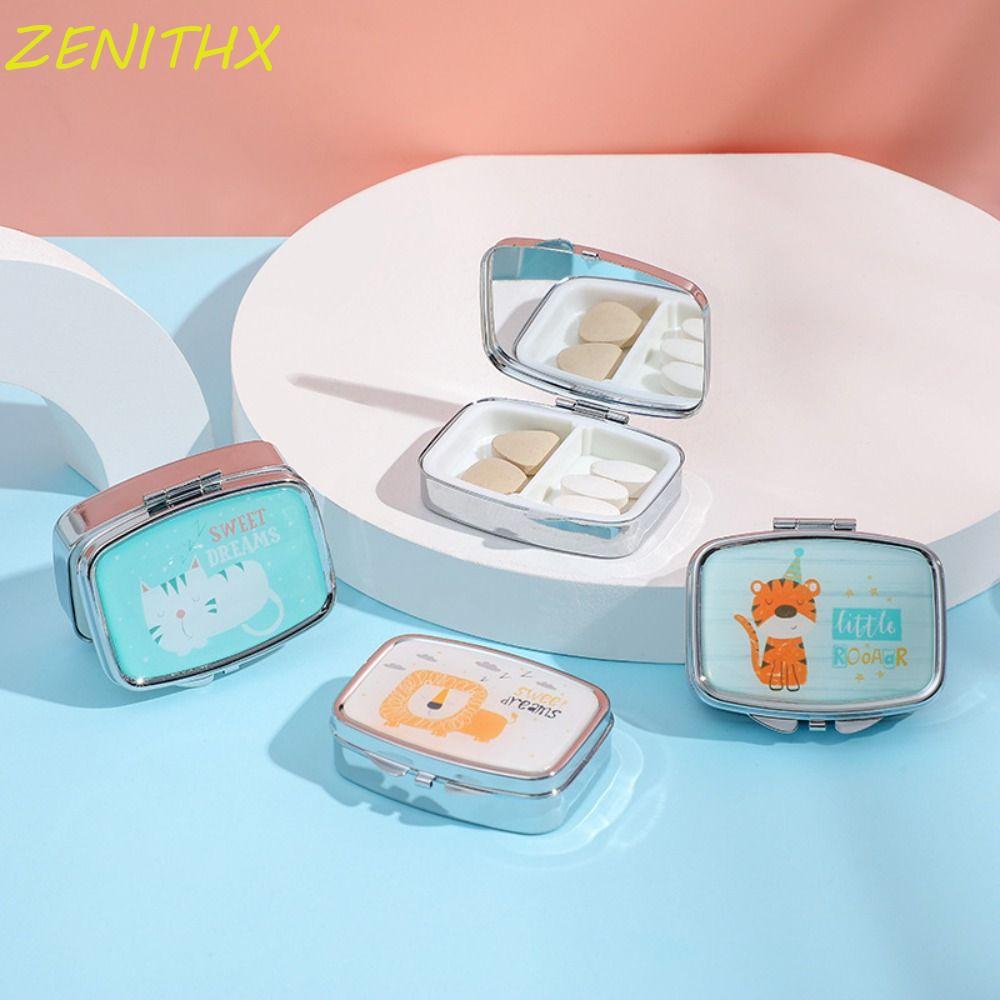 ZENITHX กล่องเครื่องประดับการ์ตูนสัตว์, กระจก HD กันน้ํา Mini Pill Case, แบบพกพา Kawaii น่ารัก 2 ตารางปิดผนึก Organizer Travel