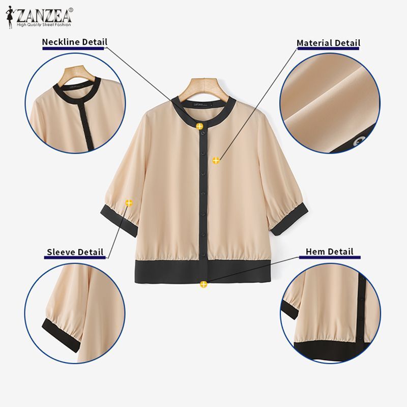 ZANZEA เสื้อลูกเรือสำหรับผู้หญิง สไตล์เกาหลีหรูหราและสวมใส่ง่าย ดีไซน์แขนยาว 3/4 กับการตัดเย็บที่เป็นคอนทราสต์ — صورة 7