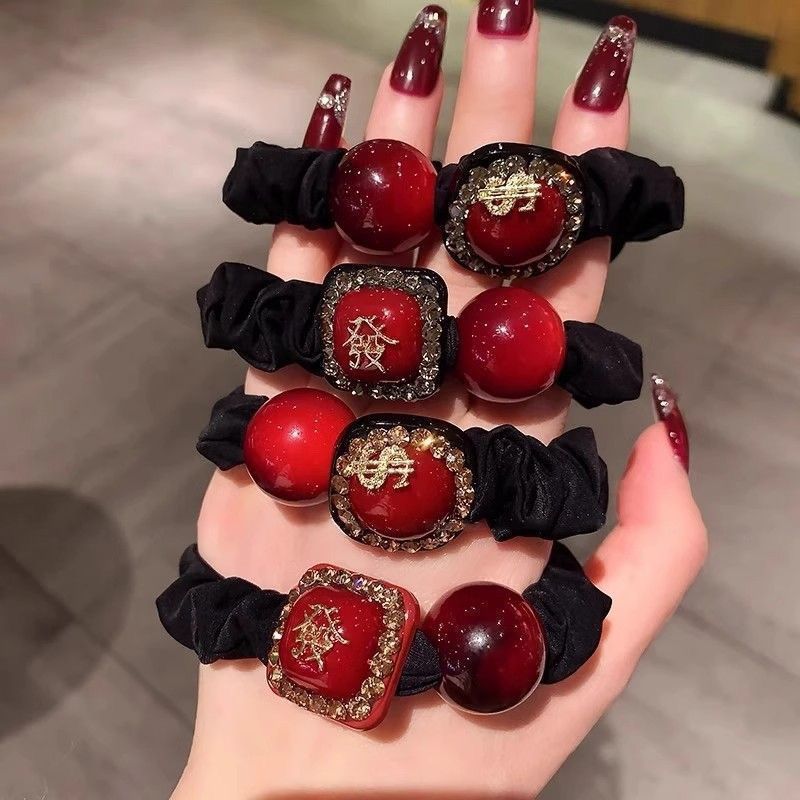 网红轻奢爆款新年款发财方块发圈皮筋头绳扎头发女红色本命年发饰New Zodiac Year Rubber Band Hair 2026 New Year Hair Accessory25.12.26