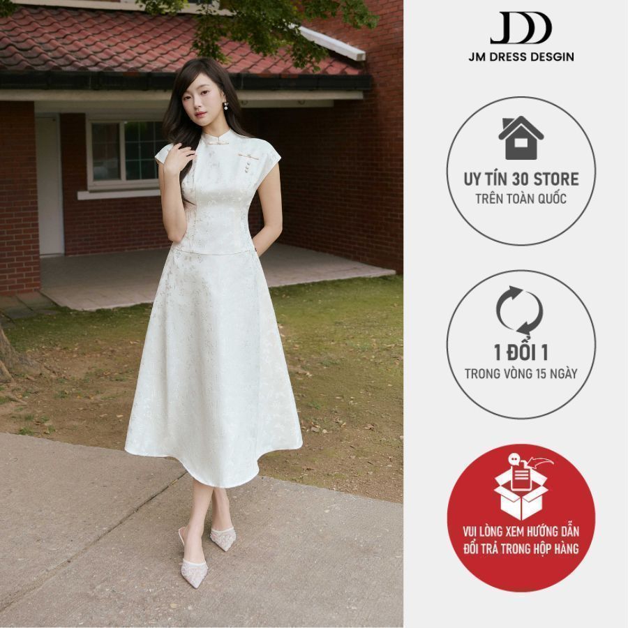 ชุดคอรถไฟแขนจับจีบ 1F38.2510 ชุดปาร์ตี้ที่หรูหราและหรูหรา A-Line Midi การออกแบบเอเชียเล็กน้อยโดย JM