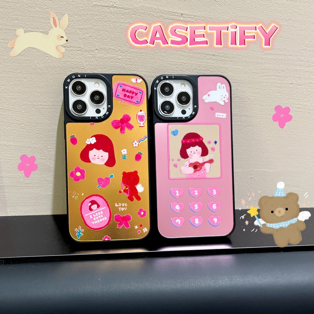 CASET กระจกเลเซอร์น่ารัก KWONI Designer สาวการ์ตูนสีชมพูเคสมือสําหรับ iPhone 17 Pro Max Air Plus 16/