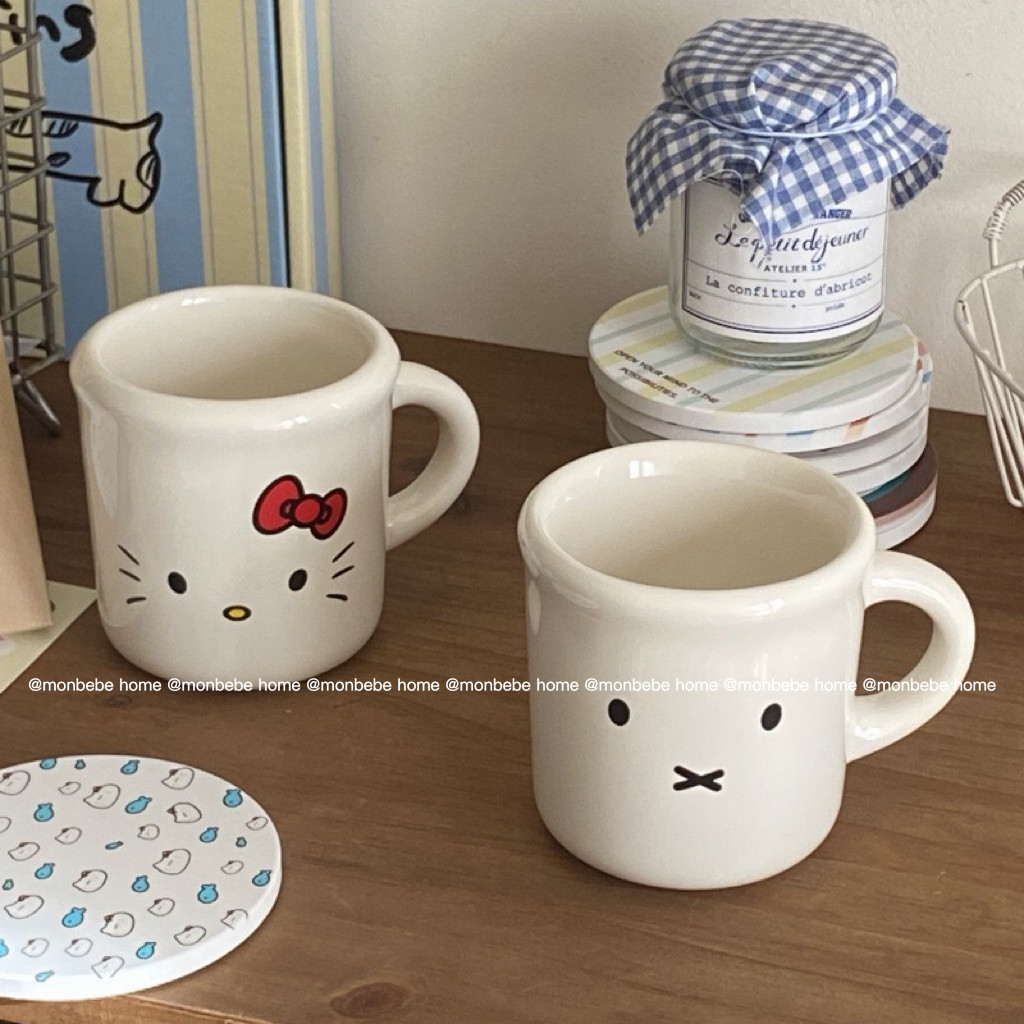 แก้วมัค แก้ว แก้วกาแฟ มีที่จับ รูปmiffy🐰&kitty 350ml สำหรับร้านกาแฟ พร้อมส่ง