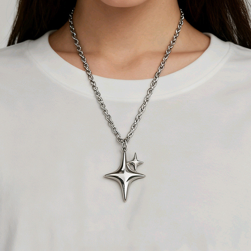 จี้สร้อยคอยุค Y2K สไตล์ฮิปฮอปแบบ.Double Star เรียบง่ายสำหรับทุกเพศ