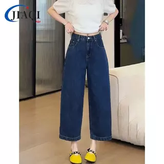 JIAQI กางเกงยีนส์ขาตรงยาว 9 ส่วน กางเกงขายาวขากว้างแบบแคบยืดหยุ่น แฟชั่นผอมเพรียวไซส์ M-4XL
