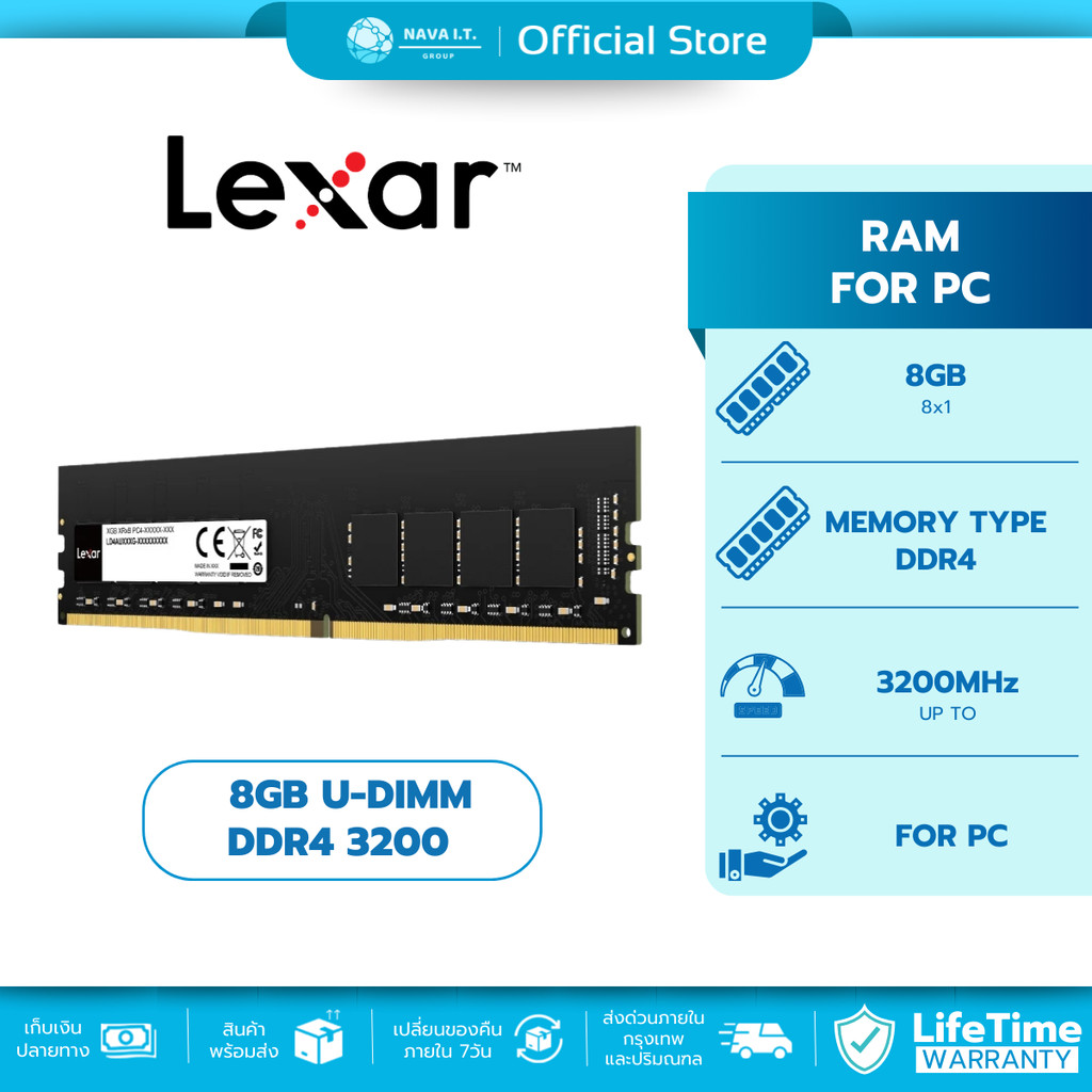 (มีส่งด่วน) LEXAR RAM PC 8GB U-DIMM DDR4 3200 CL22 LD4AU008G-B3200GSST รับประกันตลอดอายุการใช้งาน