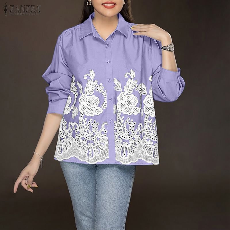 ZANZEA เสื้อแขนยาวพิมพ์ลายสีทึบ สไตล์เกาหลีสำหรับผู้หญิง สวมใส่ง่ายในวันสบายๆ — صورة 4