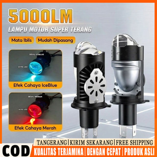 Lampu Utama Blue Lens H4 Projector AC/DC Dengan Devil Eye Plus 3 Warna High Low Kipas Pendingin Full Aluminium