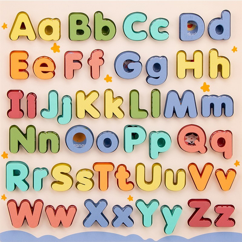 เด็ก Uppercase Lowercase Letter Building Blocks รูปร่างความรู้ความเข้าใจ Hand Grab Board ปริศนาไม้ 3