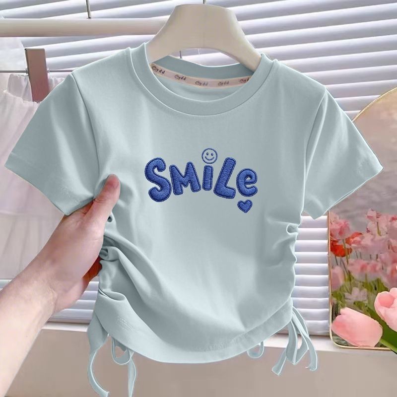 Dopamine Girls Round Neck Short Sleeve Drawstring Design Top เสื้อยืดเวอร์ชั่นเกาหลี#多巴胺女童圆领短袖拉褶抽绳设计