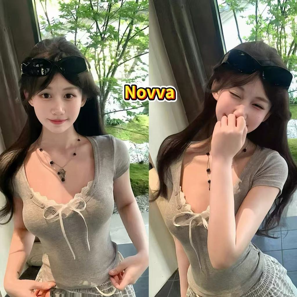 ส่งไวจากไทย เสื้อยืดคอวีลูกไม้ แขนสั้น ผู้หญิง สไตล์เกาหลี หวานละมุน Novva