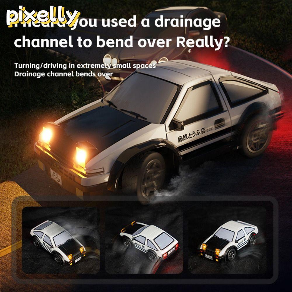 PIXELLY RC Drift Car, 1/64 MINI AE86 Racing Sports RC Stunt Car, สีดําและสีขาวไฟฟ้าพลาสติกรีโมทคอนโท