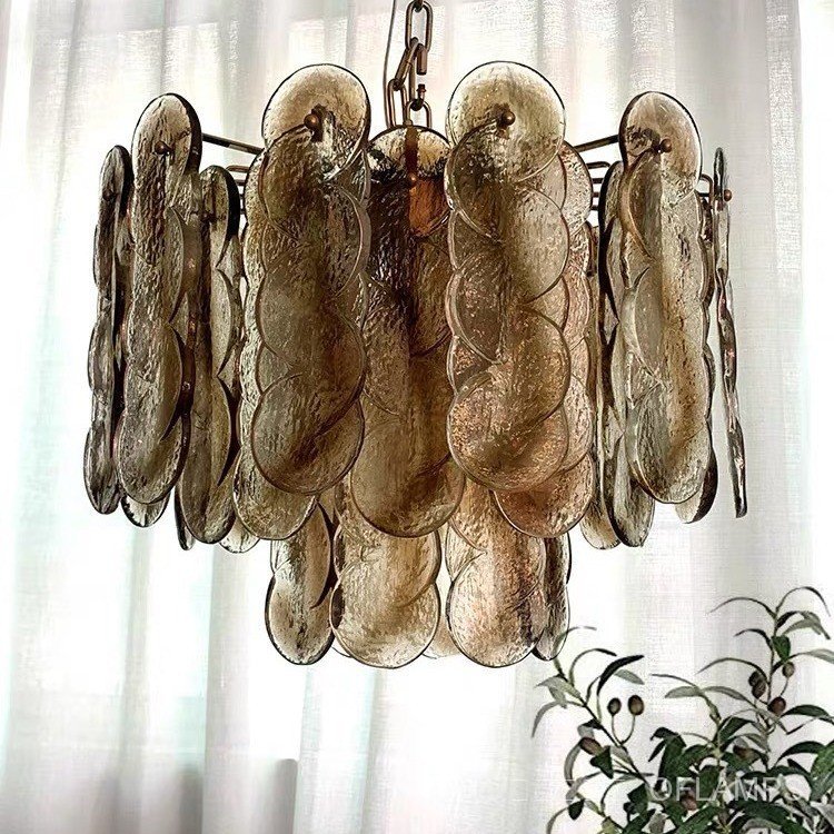 American vintage amber color second-hand vintage Designer glass chandelier for bedroom, living room, dining room, and walk-in closet