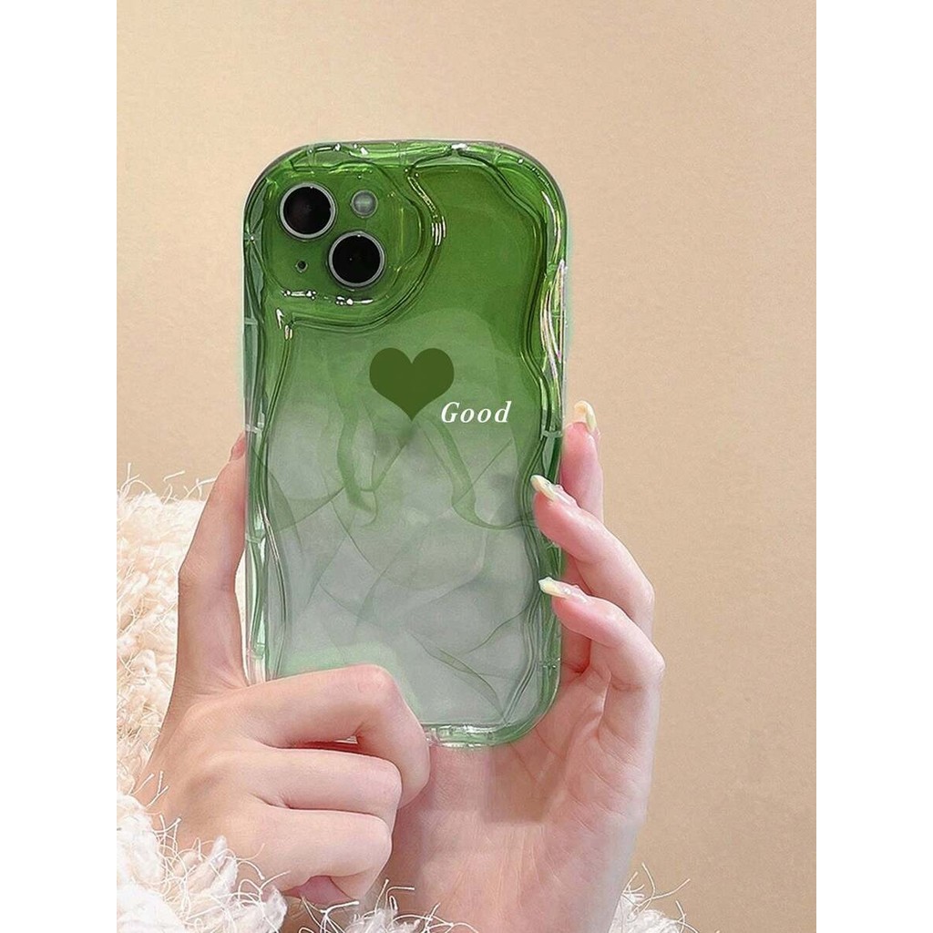 สีเขียวสีน่ารักGradient Heart Wavy Edge Basicเคสโทรศัพท์สําหรับIPhone 17 Pro Max 16 15 14 13 12 11 Pro 16E 17Eฝาครอบ