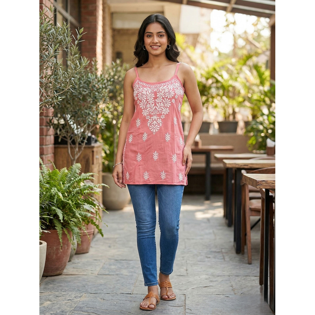 Chikankari แขนกุดสั้น kurti Top