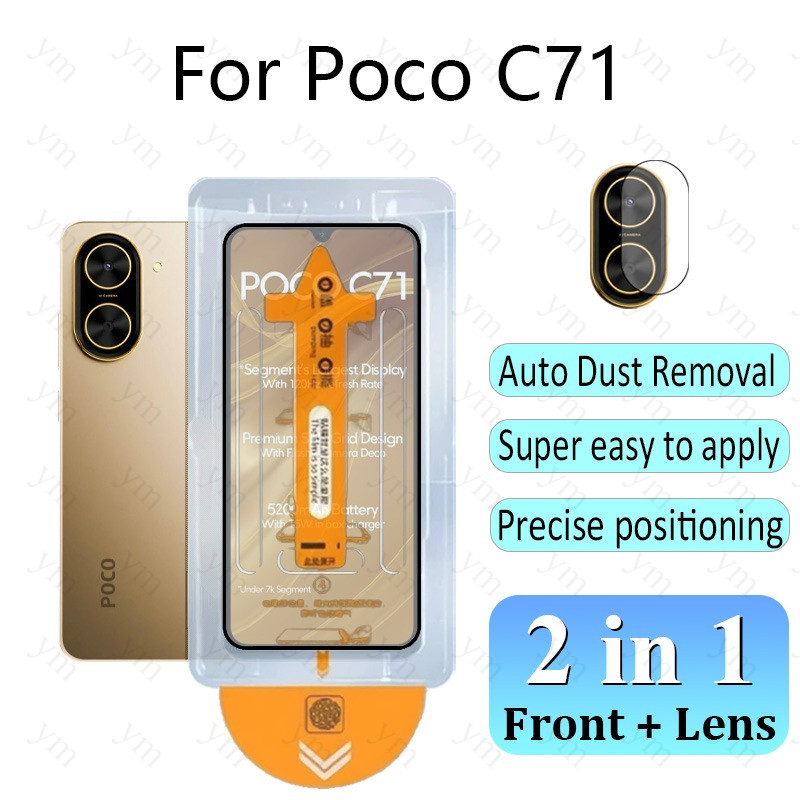 2 In 1 ฟิล์ม ฟิล์มกระจก Poco C71 HD One-คลิกฝุ่นฟรีกระจกนิรภัยป้องกันหน้าจอยามติดตั้งง่ายสําหรับ Poc