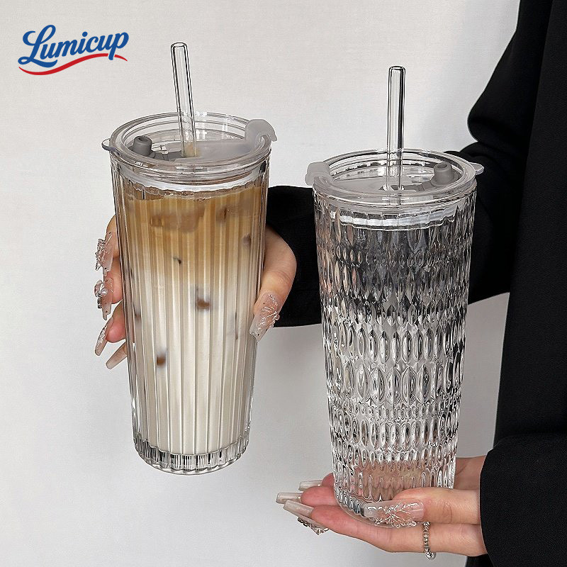 แก้วกาแฟเย็นลายริ้วพร้อมฝาและหลอด | แก้วน้ำผลไม้ ชาเย็น ค็อกเทล | อุปกรณ์คาเฟ่สุดหรูถ่ายรูปสวย