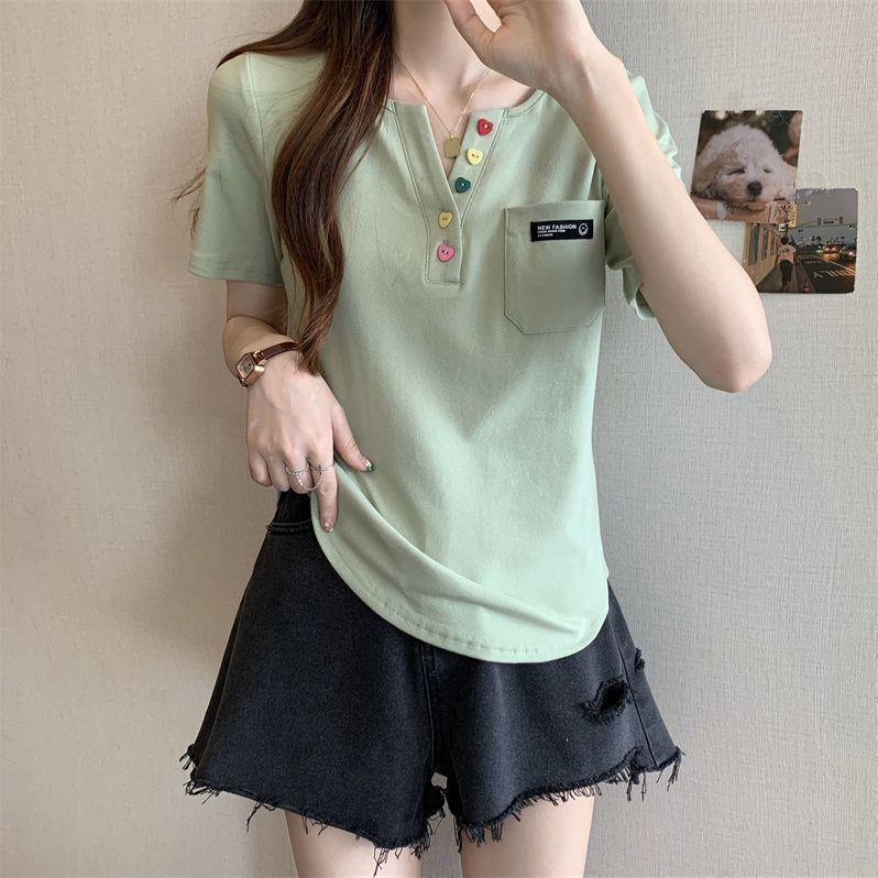 [ลด 50% ขายร้อน] ขนาดใหญ่ไขมันเล็กน้อย mmV คอของแท้ไหล่แขนสั้นเสื้อยืดผู้หญิงฤดูร้อนสไตล์ใหม่หลวมสไต