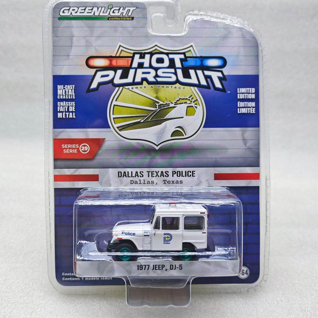 แสงสีเขียว 1: 64 1977 Texas Police Jeep DJ-5 Jeep รถตํารวจสีเขียวเครื่อง