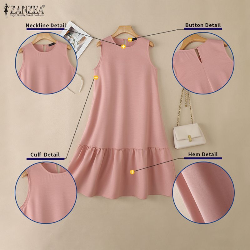 Zanzea ผู้หญิงเกาหลี Minimalist หลวมกระเป๋าด้านข้าง Ruffled สีทึบรอบคอแขนกุด — صورة 7