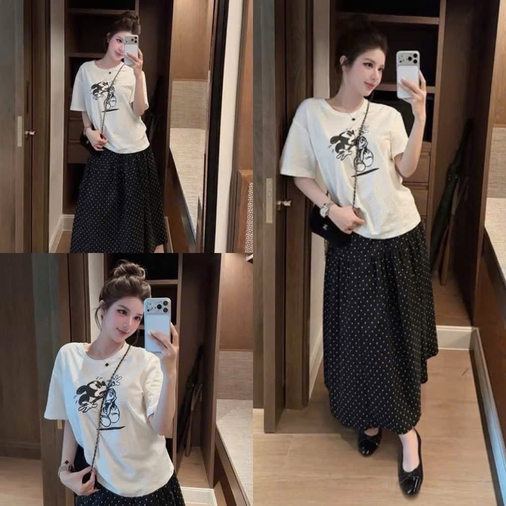 SET919-Set เสื้อยืดมิกกี้สีขาวกระโปรงบอลสีดํา Mai Linh แฟชั่นผู้หญิง