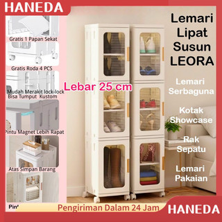 HANEDA Lemari Lipat Susun Plastik Serbaguna LEORA Baju Pintu Mika Showcase Dapur Toilet Sudut Roda