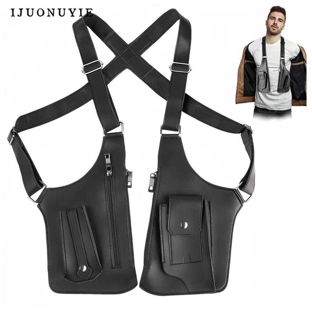IJUONUYIE Storage Vest Bag, Anti-theft Strap Chest Bag, Retro Leather Multi-Pocket มัลติฟังก์ชั่นกระเป๋าโทรศัพท์มือถือกีฬากลางแจ้ง