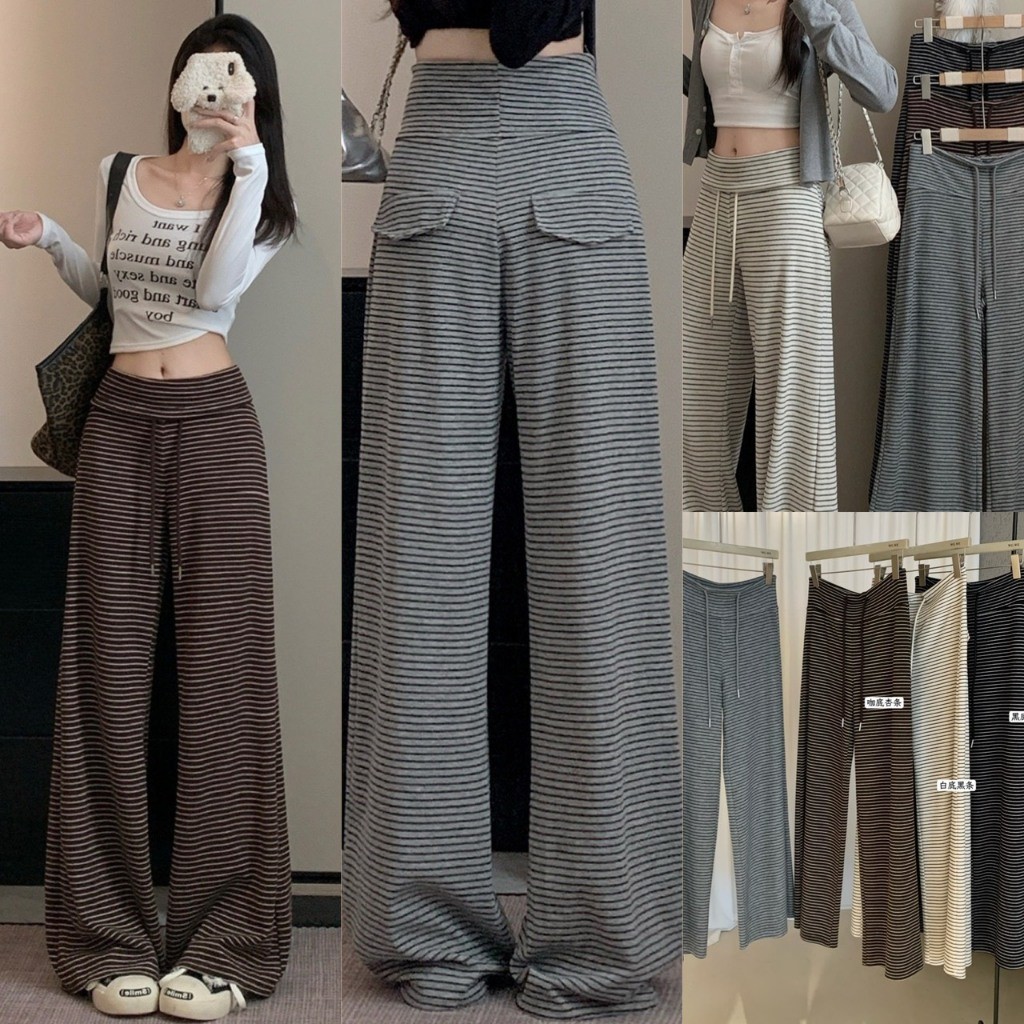 ❤     W8248 กางเกงขายาว ลายขวาง เอวสมอคแต่งเชือก ทรงเบสิคสวย ผ้ายืดหยุ่นได้ดี แฟชั่นเกาหลี TAG WG.WE