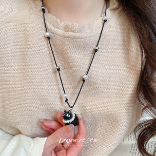 สร้อยคอดesignน่ารักสำหรับผู้หญิง ทำจากมุกดำและจี้เสือหมอบดำ …