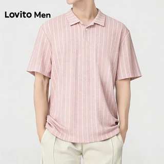 Lovito Men เสื้อโปโลผู้ชายสีชมพูฤดูใบไม้ผลิ/ฤดูร้อนแบบกระดุมลําลอง L175ED105