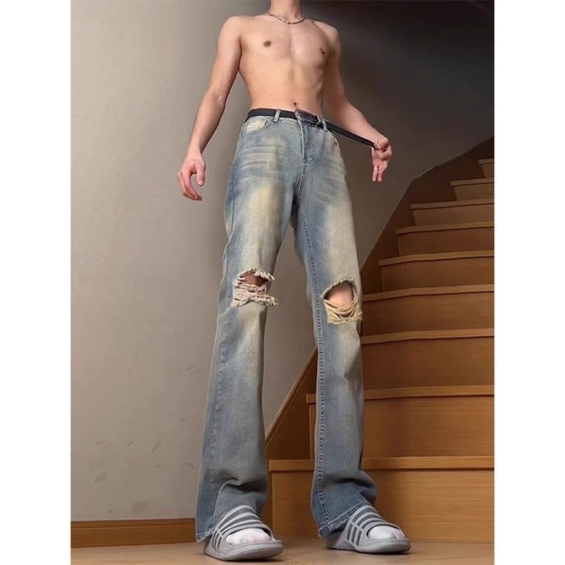 1245Readystock Retro Blue Ripped Jeans Men Summer Thin vintage American Pants เอวสูง Raise Gear Stra