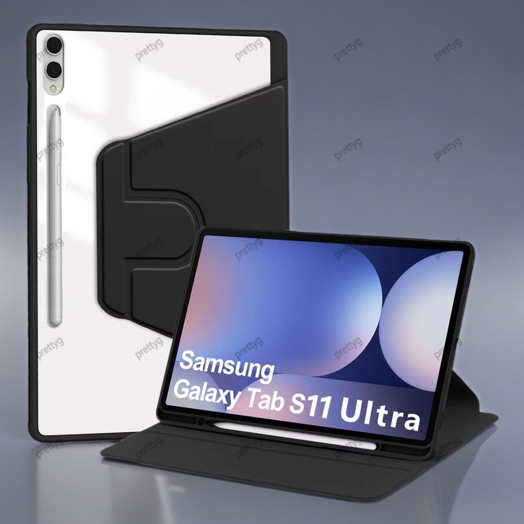 สําหรับ Samsung Galaxy Tab S11 Ultra 2025 (SM-X930, SM-X936B, SM-X936N, SM-X930N) อะคริลิคปกหลัง 360 หมุนขาตั้งพร้อมช่องเสียบปากกา