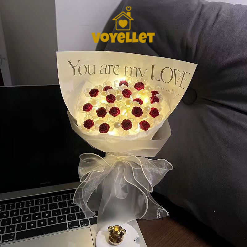ของขวัญวันวาเลนไทน์ DIY กุหลาบมุกเทียมพร้อมชุดทำ LED ชุดงานฝีมือช่อกุหลาบแดง 52 ดอกVoyellet - รูปที่ 2