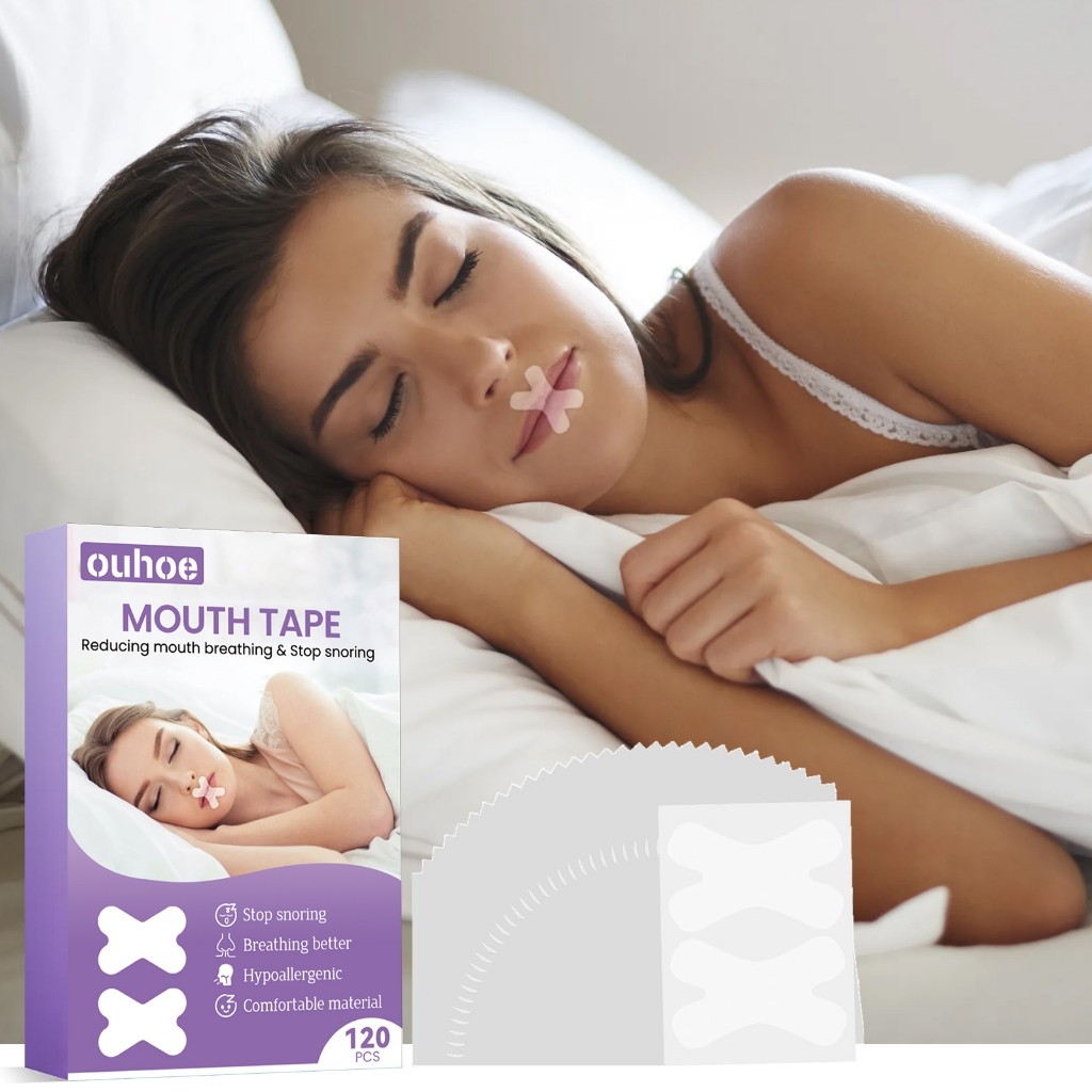 OUHOE สติ๊กเกอร์ปิดปากตอนนอน บรรเทาอาการคัดจมูก หายใจโล่ง สติ๊กเกอร์แก้ไขการนอนกรน เทปสติ๊กเกอร์แก้ไ