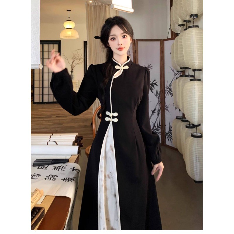 (ส่งจากกรุงเทพฯ)กี่เพ้าประยุกต์ ผู้หญิง รูปยาวสไตล์จีนใหม่ ชุดผู้หญิง สีดำ สีขาว สัมมัติ สีขาว - รูปที่ 4