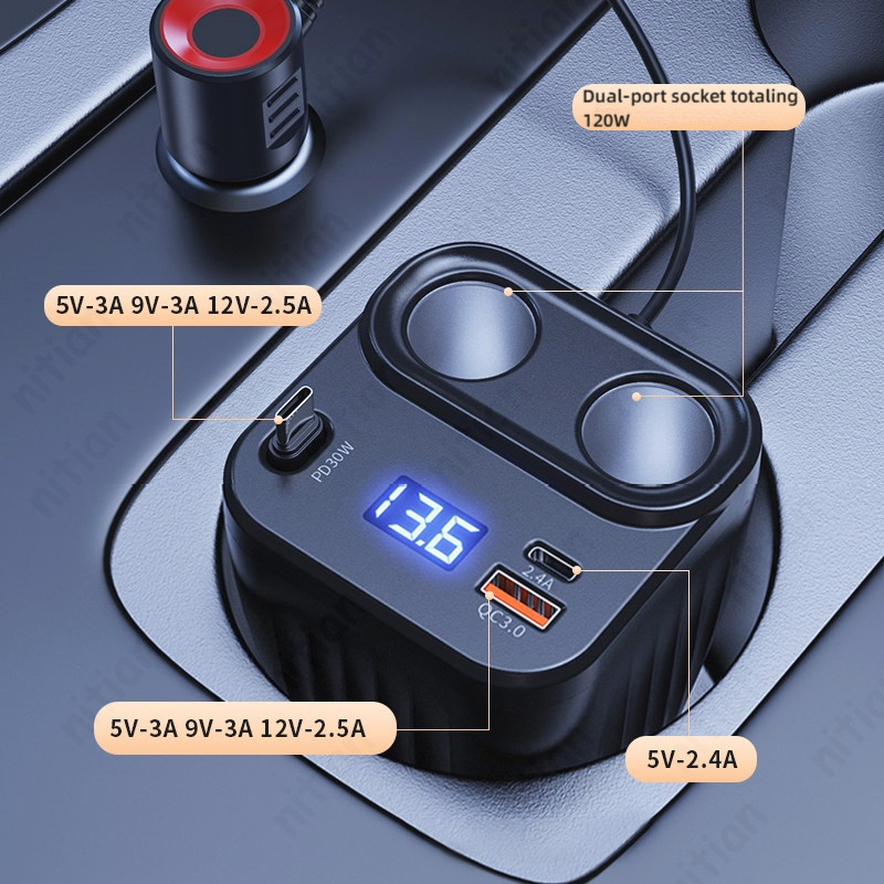 6 in 1 Multi Port Car Charger 12 V/24 V QC3.0 + PD60W Fast Charging ชาร์จโทรศัพท์ขยายสาย 2 ซ็อกเก็ตอัจฉริยะ LED แรงดันไฟฟ้าจอแสดงผลอะแดปเตอร์พลังงานสูง - รูปที่ 7