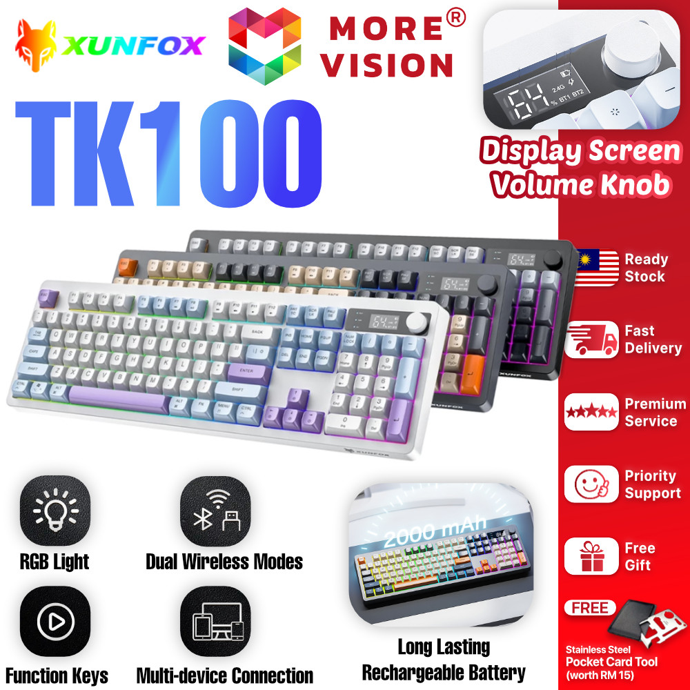XUNFOX TK100 คีย์บอร์ดไร้สายบลูทูธโหมดคู่ 2.4GHz E-Sports Gaming RGB Backlit PC แล็ปท็อปชาร์จจอแสดงผ