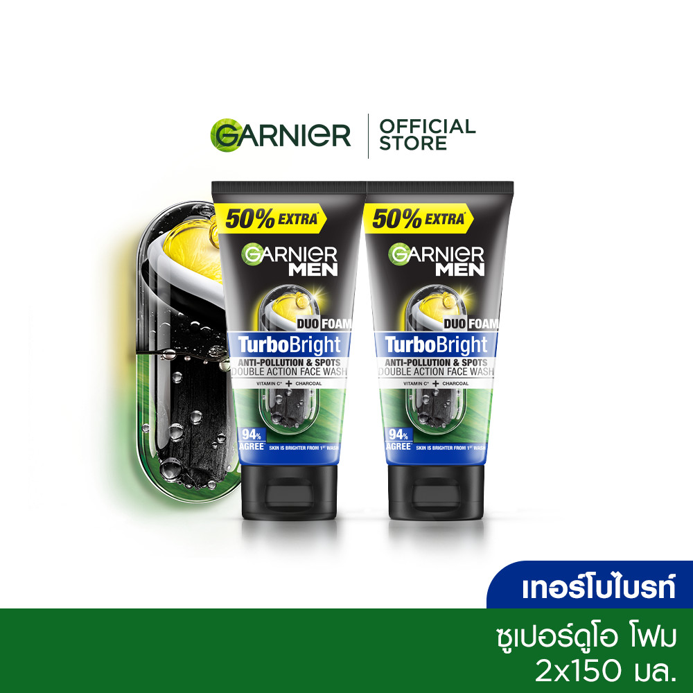 การ์นิเย่ เมน เทอร์โบ ไบรท์ ซูเปอร์ดูโอ โฟม 150 มล.x2 GARNIER MEN (โฟมผู้ชาย , โฟมล้างหน้า)