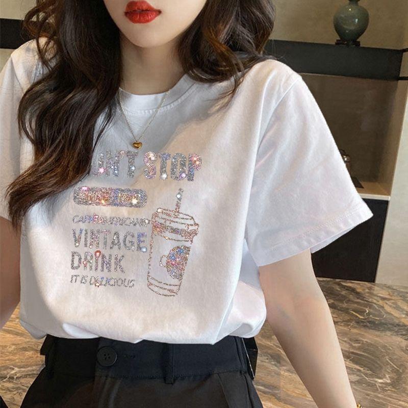 เสื้อยืดฤดูร้อน ผ้าฝ้าย 100% หนัก สีดำ สำหรับผู้หญิง มีตัวอักษร Rhinestone ทรงหลวม คอกลม เสื้อแขนสั้น แบรนด์ Ins อินเทร