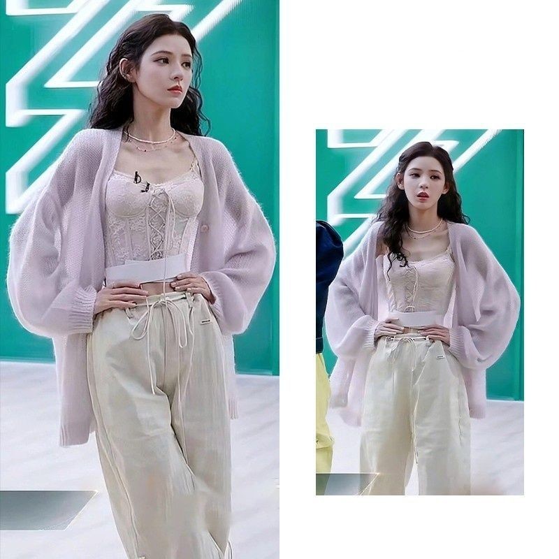 Zhang Yuxi Langsister 5 ลาเวนเดอร์คอวีแขนยาวฤดูร้อนบางถักเสื้อสเวตเตอร์ถัก All-Match Retro เครื่องปร