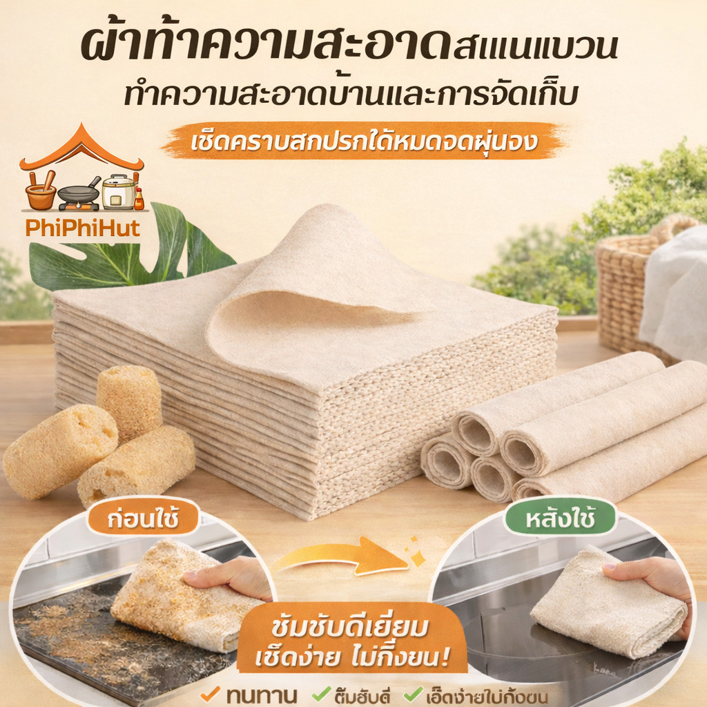 PPH 5ชิ้น/10ชิ้น แผ่นใยขัดใยพืชจากใยบวบเช็ดจาน ขจัดคราบสกปรกได้ง่าย