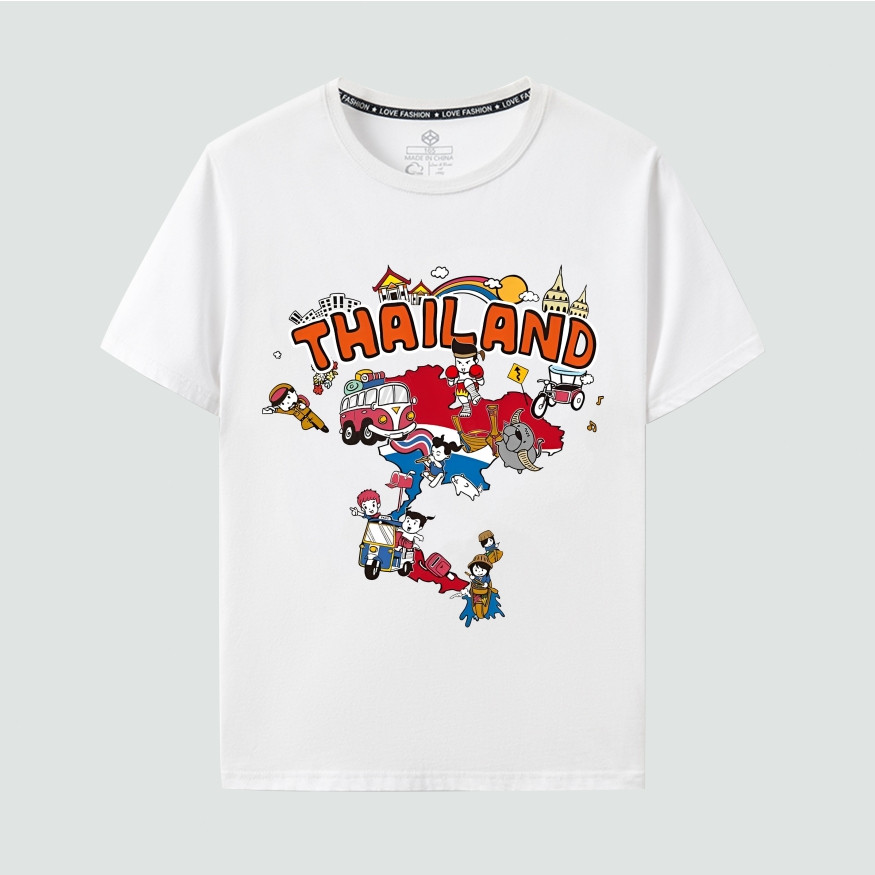 เสื้อยืดผ้าฝ้ายลาย Thailand Map Cartoon Travel สไตล์ท่องเที่ยวไทย ยูนิเซ็กซ์ เสื้อพิมพ์ลาย ไซส์ S-5X
