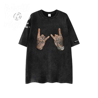 （จัดส่งตลอด 24 ชั่วโมง）HY เสื้อยืดฟอก oversize ผ้าฝ้าย100% โอเวอร์ไซซ์ สีดําเข้ม เรโทร เสื้อฟอกวินเทจ#T1685