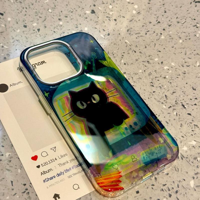 เคสไอโฟน เคส iPhone 17 Pro Max/16/15/14/13/12/XS Max/XR ลายทีวี+แมวดำหมุนได้  สไตล์กราฟฟิตี้