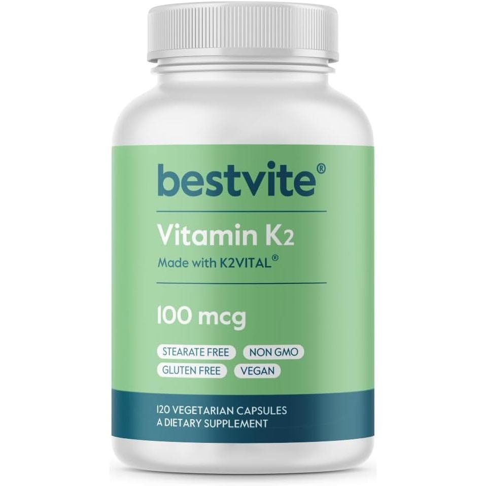 BESTVITE วิตามิน K2 100 mcg เช่น MK-7 wPatented K2VITAL (120 แคปซูลมังสวิรัติ) - ไม่มีเทรต - วีแกน -