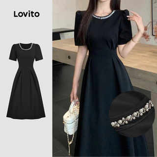 Lovito สง่างาม ชุดเดรส ประดับไข่มุก ชุดเดรสสีดำสำหรับผู้หญิงสุดนุ่มนวลและสบายในฤดูใบไม้ผลิ/ฤดูร้อน L137ED163
