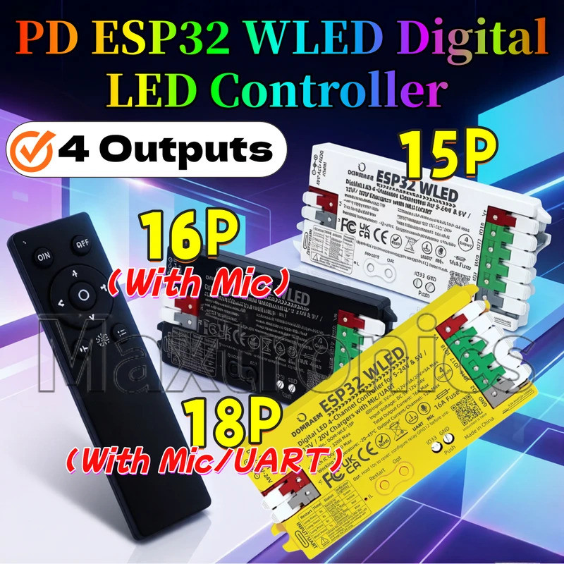 4 เอาต์พุต DOM-WLE-15P/16P/18P PD ESP32 WLED Digital LED Controller Dual PSU 5 V/12 V/20 V สําหรับ W