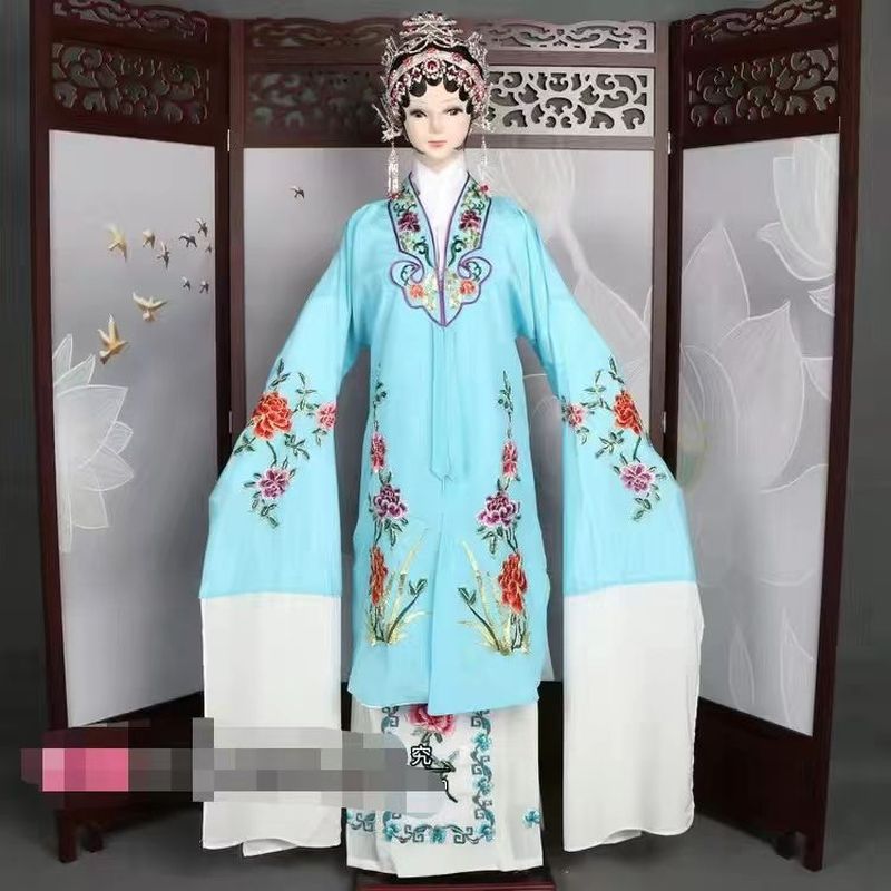 ชุด Qingyi Huadan สไตล์ Huangmei Opera แขนยาว ประดับดอกไม้และใบหยกทอง